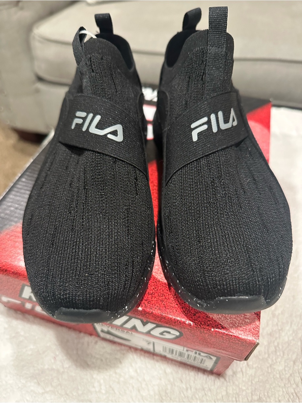 FILA women’s Black Slip-On Sneakers with Logo Strap size 7 . New with tags/box